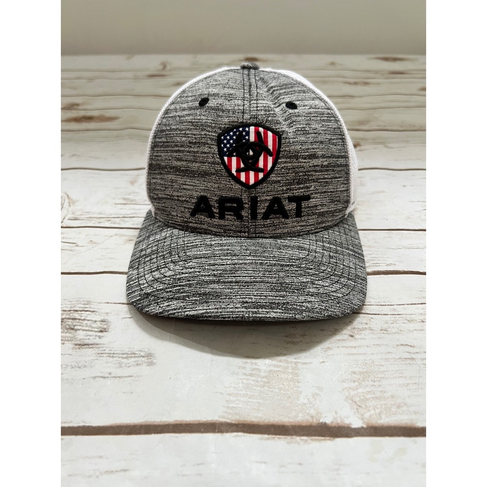 Ariat Trucker Hat Grey White American Flag Shield Logo Snapback OSFM
